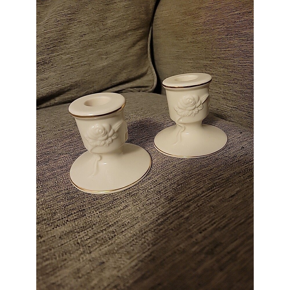 2 -  Pair Lenox ROSE BLOSSOM Classic Ivory With Gold Trim andle Stick Holders